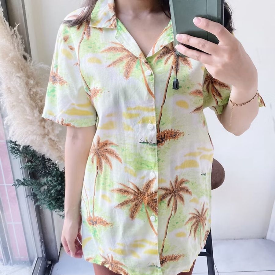 淺嫩綠度假時光 古著透膚紡紗夏威夷襯衫上衣 vintage Aloha Shirt-5