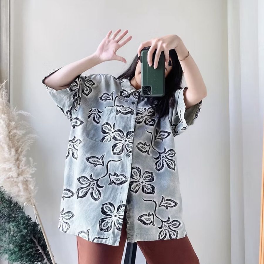 墨灰綠大花滿版圖騰 古著絲夏威夷襯衫上衣 vintage Aloha Shirt-4
