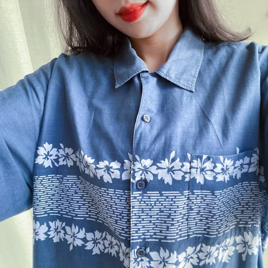 淺水灰藍圖騰花卉 古著棉質夏威夷襯衫上衣 vintage Aloha Shirt-8