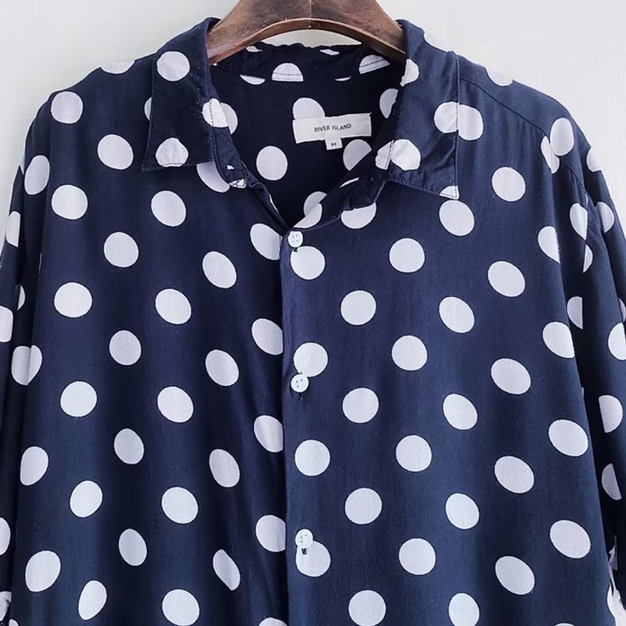 海藍春夏星空圓點 古著絲質夏威夷襯衫上衣 vintage Aloha Shirt-1
