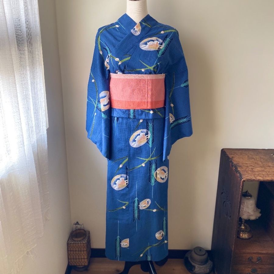 藏私·Collection_棉紅梅天藍月輪兔矢羽古著浴衣-0