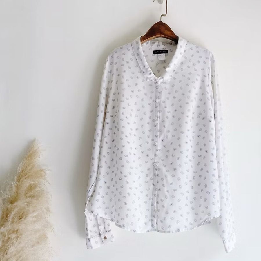 純白小翻領輕輕綴點青澀秋季 古著紡紗襯衫上衣 vintage Shirt-0