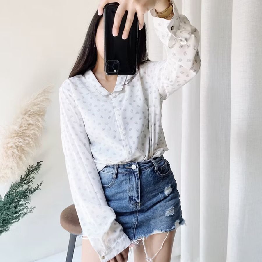 純白小翻領輕輕綴點青澀秋季 古著紡紗襯衫上衣 vintage Shirt-2