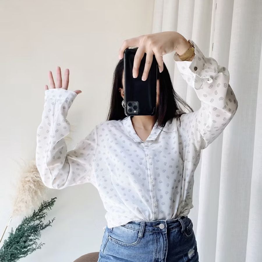 純白小翻領輕輕綴點青澀秋季 古著紡紗襯衫上衣 vintage Shirt-3
