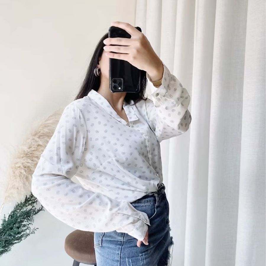 純白小翻領輕輕綴點青澀秋季 古著紡紗襯衫上衣 vintage Shirt-4