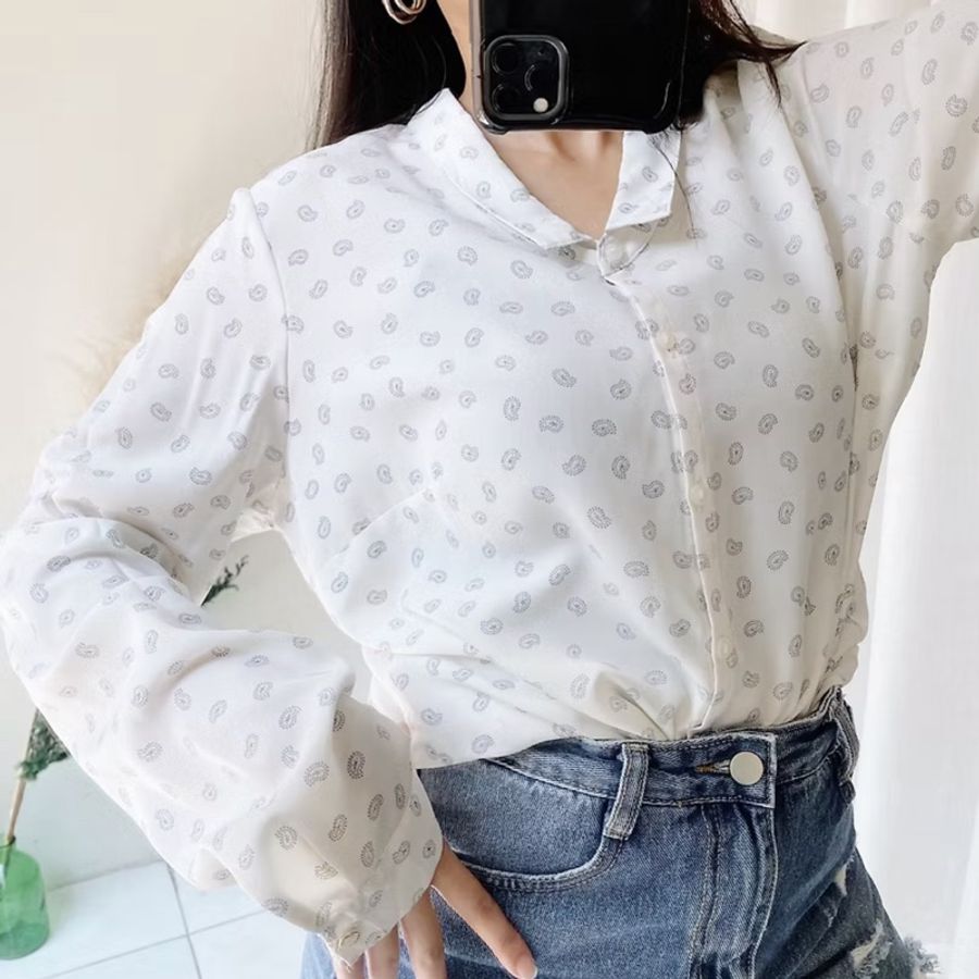 純白小翻領輕輕綴點青澀秋季 古著紡紗襯衫上衣 vintage Shirt-5