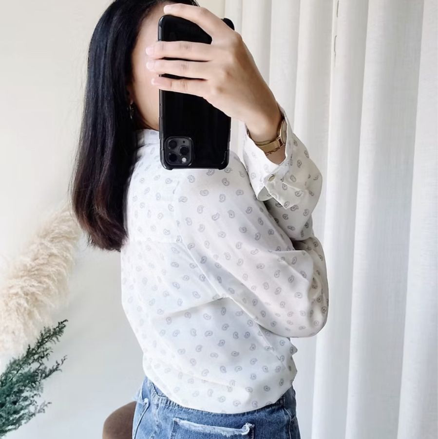純白小翻領輕輕綴點青澀秋季 古著紡紗襯衫上衣 vintage Shirt-6