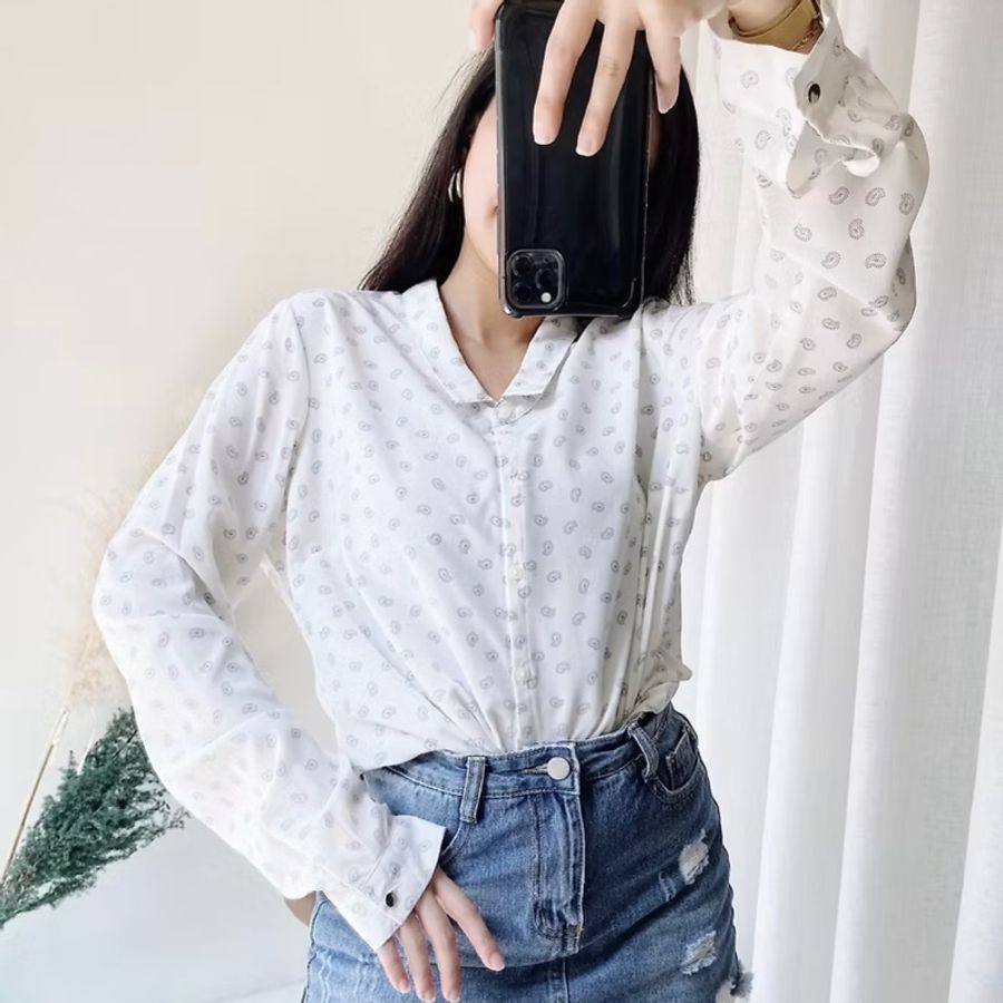 純白小翻領輕輕綴點青澀秋季 古著紡紗襯衫上衣 vintage Shirt-7
