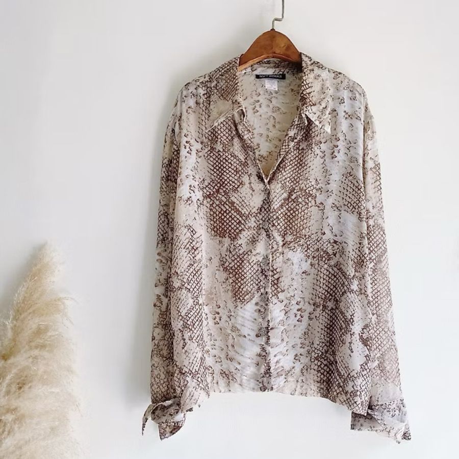 奶茶色閃閃涼燙銀圖紋反摺袖 古著紡紗襯衫上衣 vintage Shirt-0
