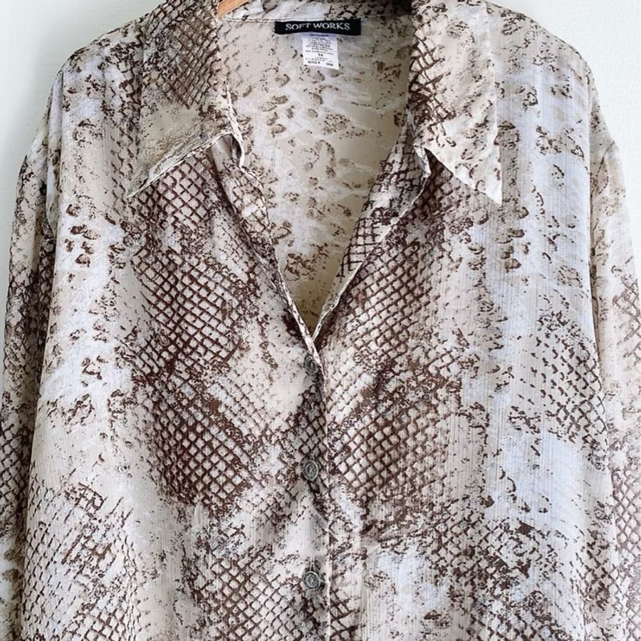 奶茶色閃閃涼燙銀圖紋反摺袖 古著紡紗襯衫上衣 vintage Shirt-1