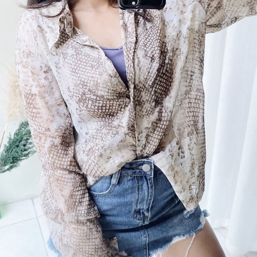 奶茶色閃閃涼燙銀圖紋反摺袖 古著紡紗襯衫上衣 vintage Shirt-5