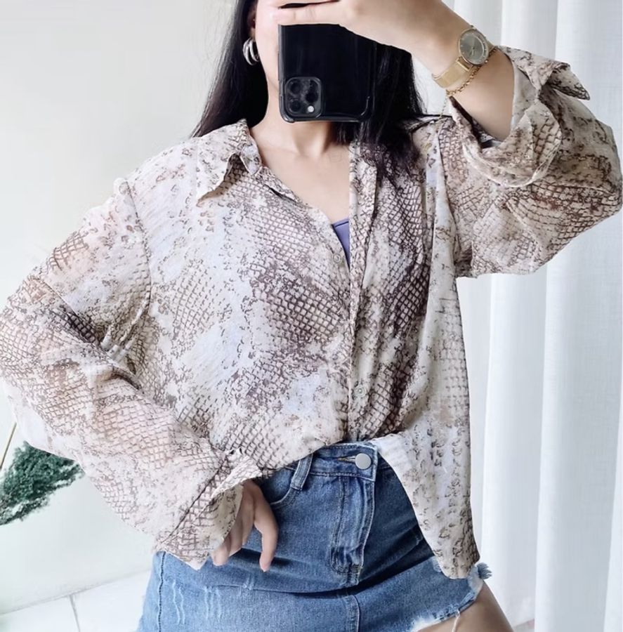 奶茶色閃閃涼燙銀圖紋反摺袖 古著紡紗襯衫上衣 vintage Shirt-6