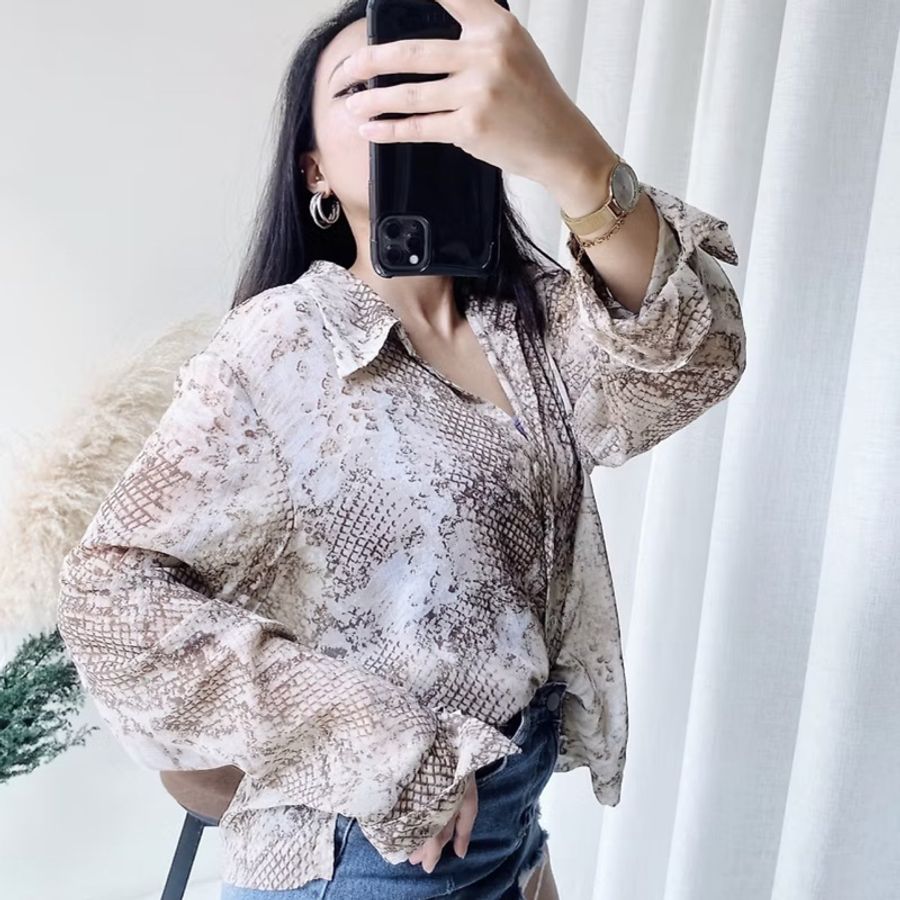 奶茶色閃閃涼燙銀圖紋反摺袖 古著紡紗襯衫上衣 vintage Shirt-7
