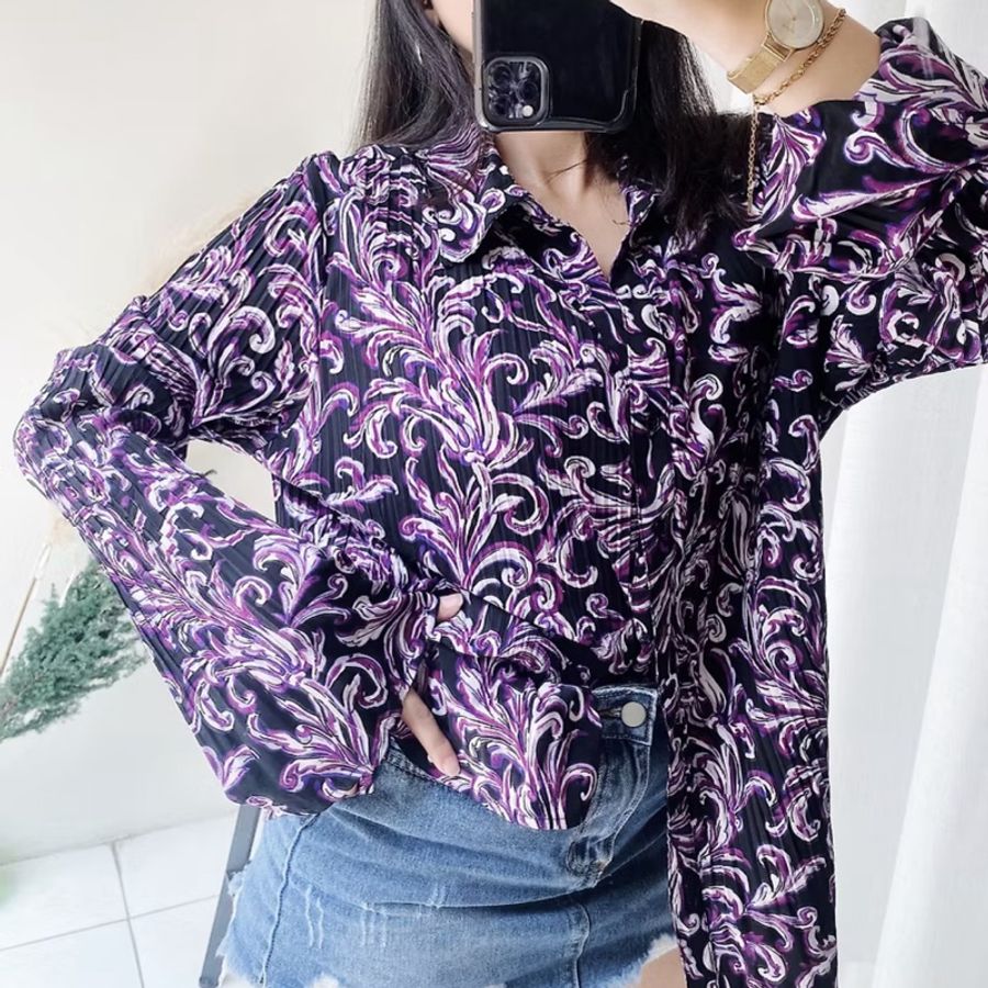 紫色渲染花卉細壓紋喇叭袖 古著紡紗襯衫上衣 vintage Shirt-4