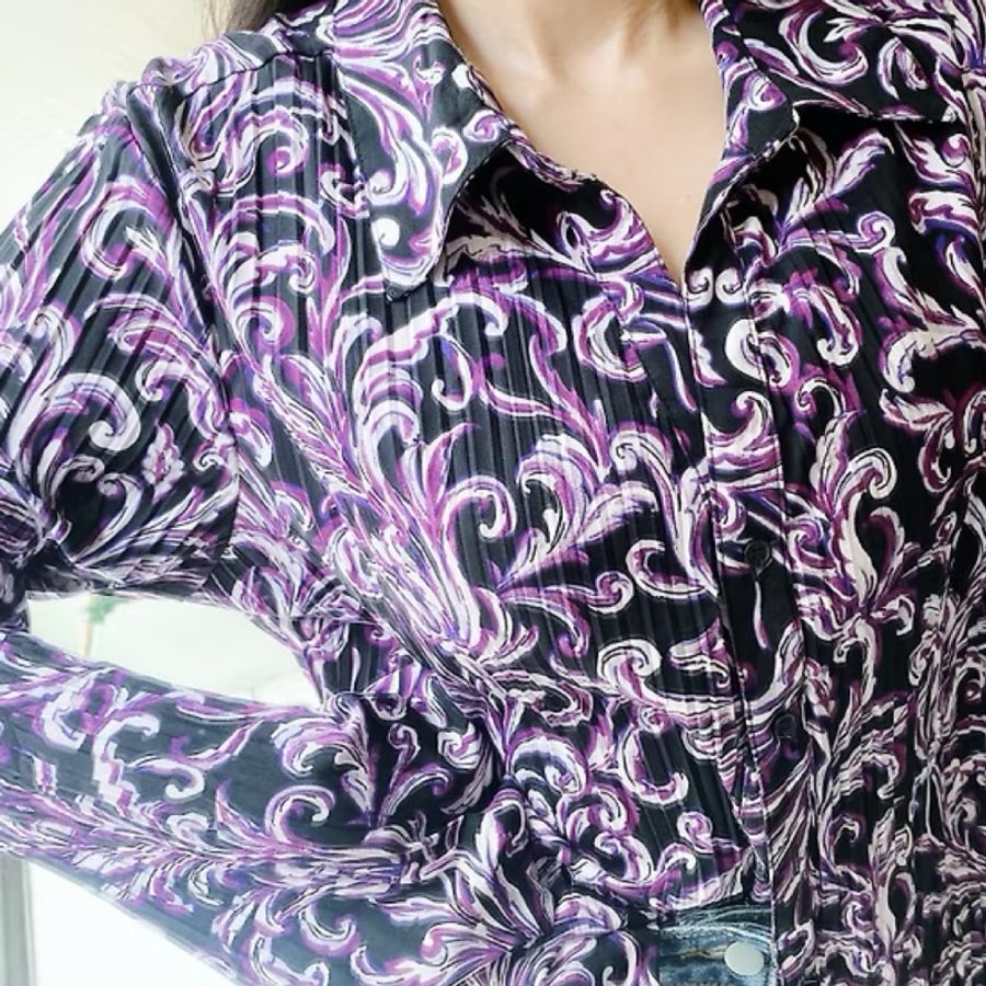 紫色渲染花卉細壓紋喇叭袖 古著紡紗襯衫上衣 vintage Shirt-6