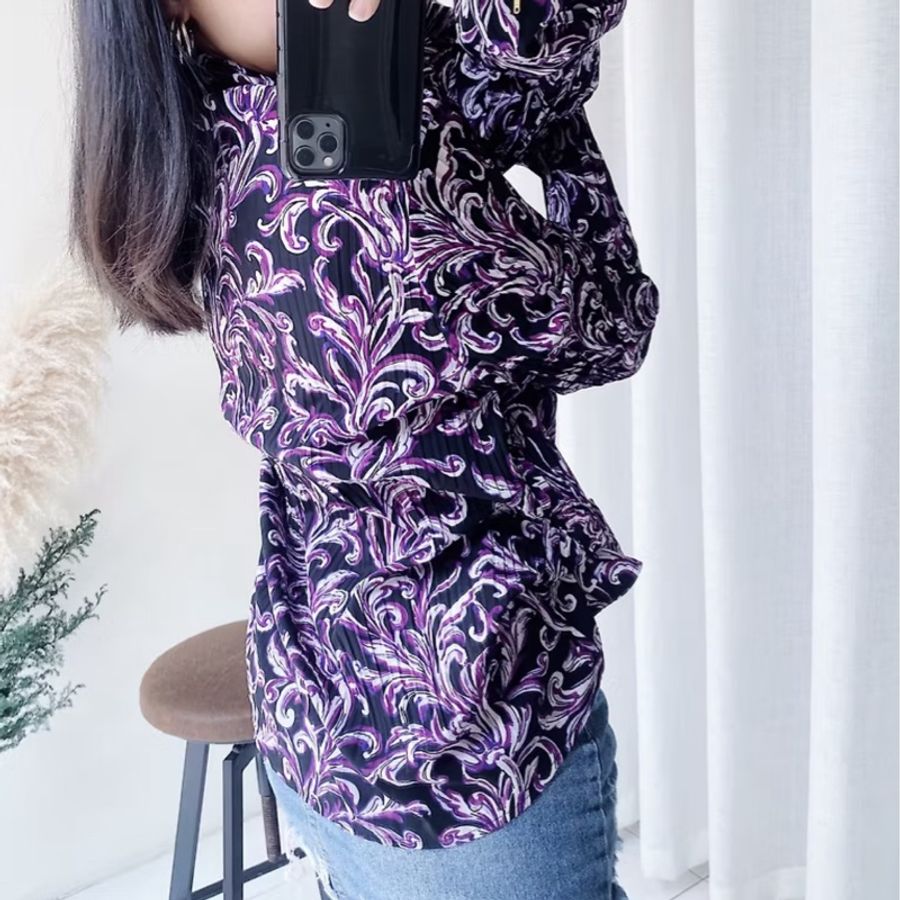 紫色渲染花卉細壓紋喇叭袖 古著紡紗襯衫上衣 vintage Shirt-7