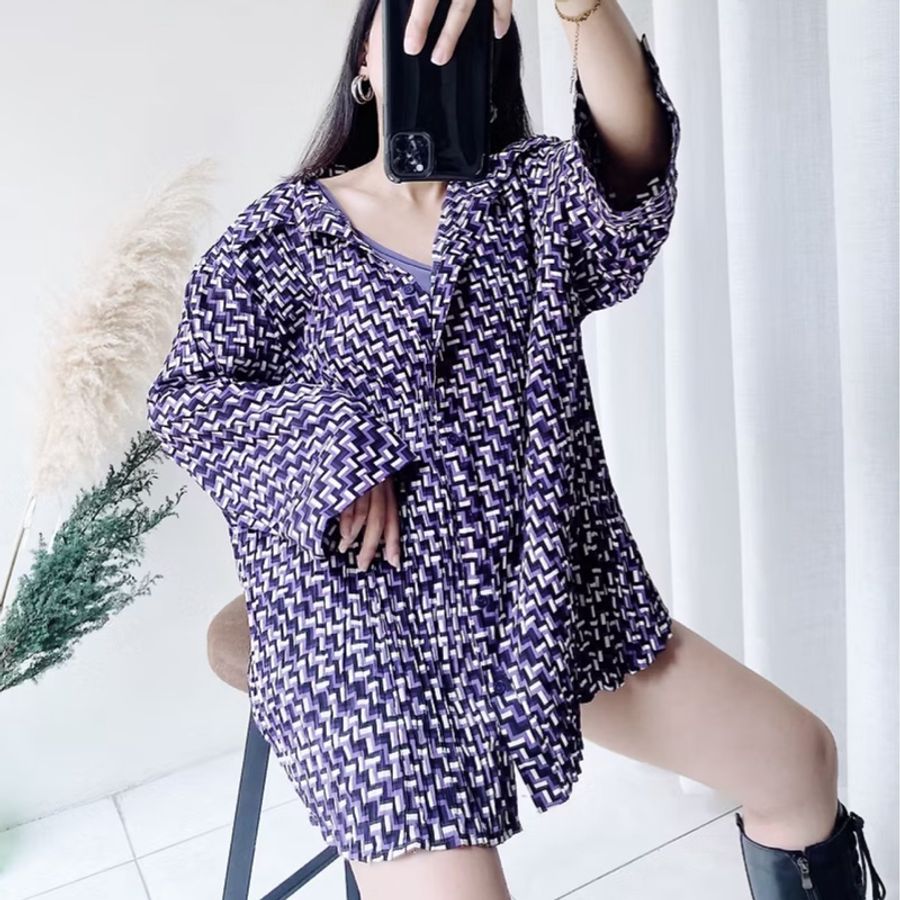 黑紫白幾何錯視格紋細壓紋 古著紡紗襯衫上衣 vintage Shirt-2