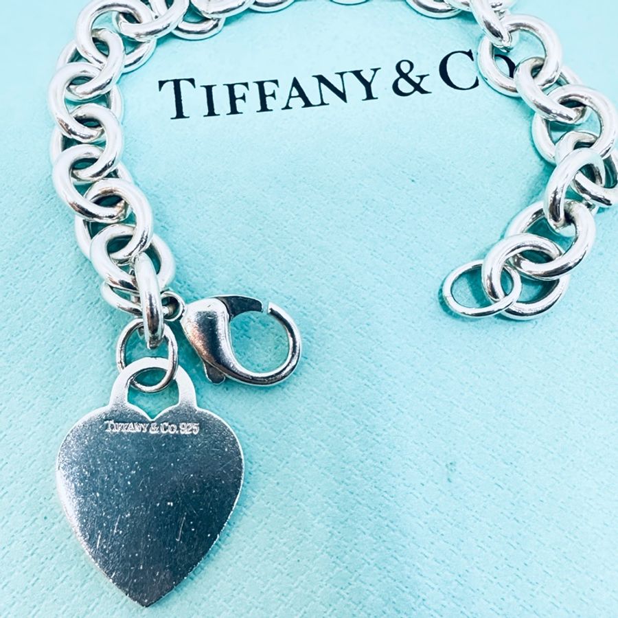 Tiffany&Co純銀愛心牌刻字粗鍊手鍊-3