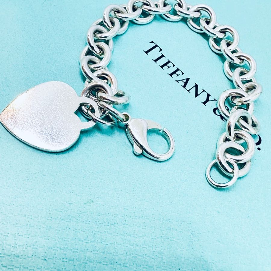 Tiffany&Co純銀愛心牌刻字粗鍊手鍊-6