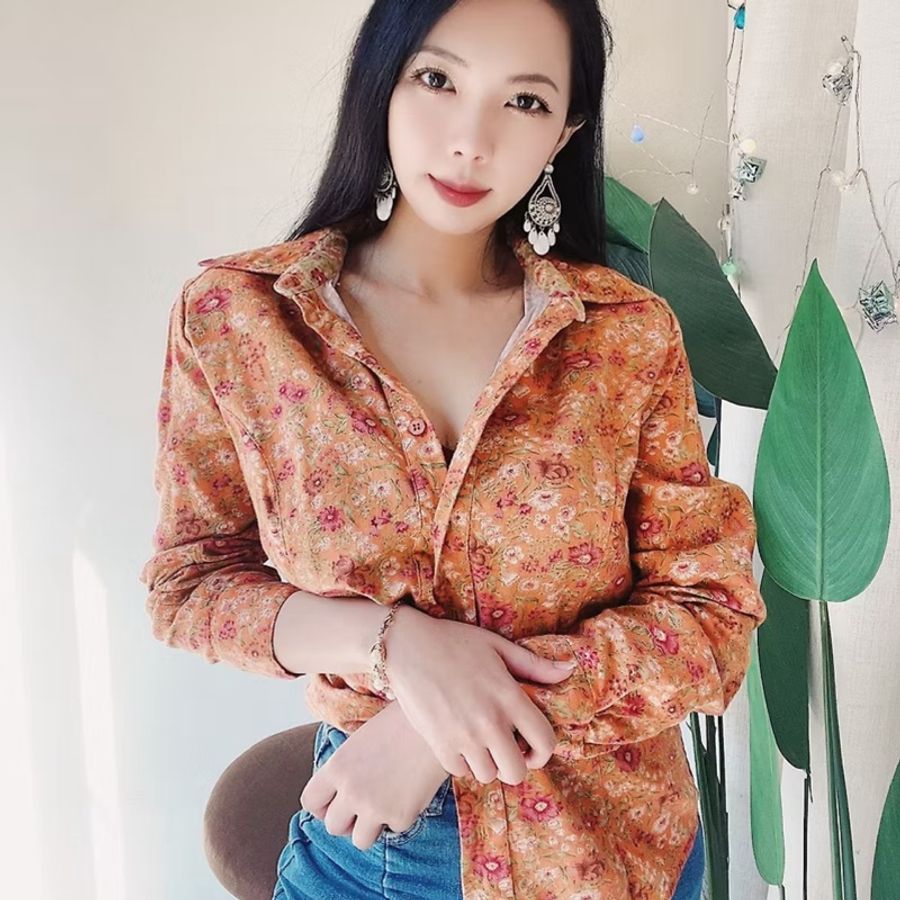 橘色滿滿綴花春夏時節 古著翻領純棉襯衫上衣 vintage Shirt-8