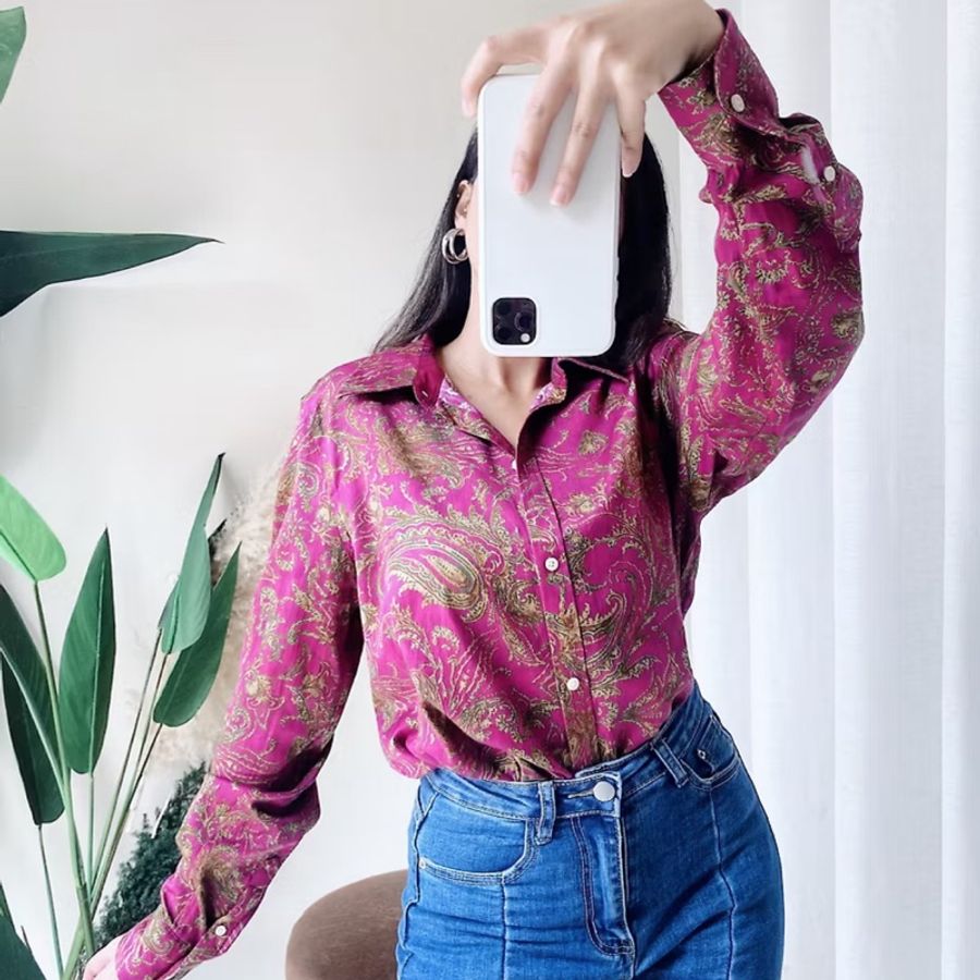 桃紫紅宮廷花紋圖騰 古著翻領純棉襯衫上衣 vintage Shirt-0