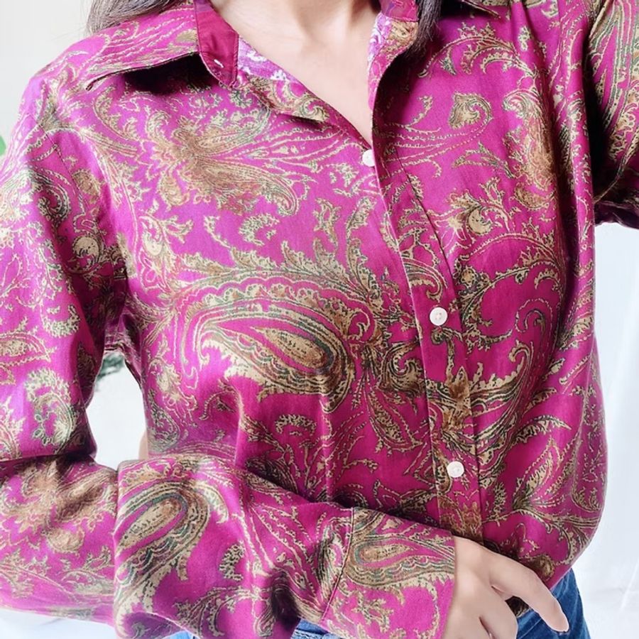 桃紫紅宮廷花紋圖騰 古著翻領純棉襯衫上衣 vintage Shirt-1