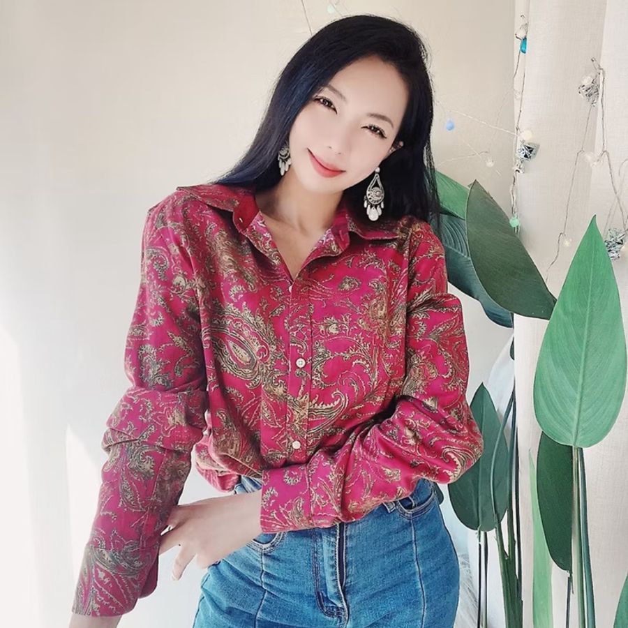 桃紫紅宮廷花紋圖騰 古著翻領純棉襯衫上衣 vintage Shirt-6