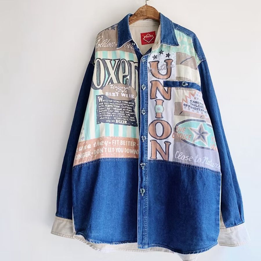 青春深藍字母圖騰拼布 古著翻領棉質牛仔襯衫上衣 vintage Shirt-0