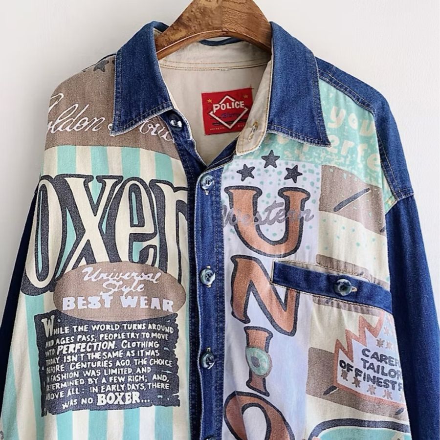青春深藍字母圖騰拼布 古著翻領棉質牛仔襯衫上衣 vintage Shirt-1