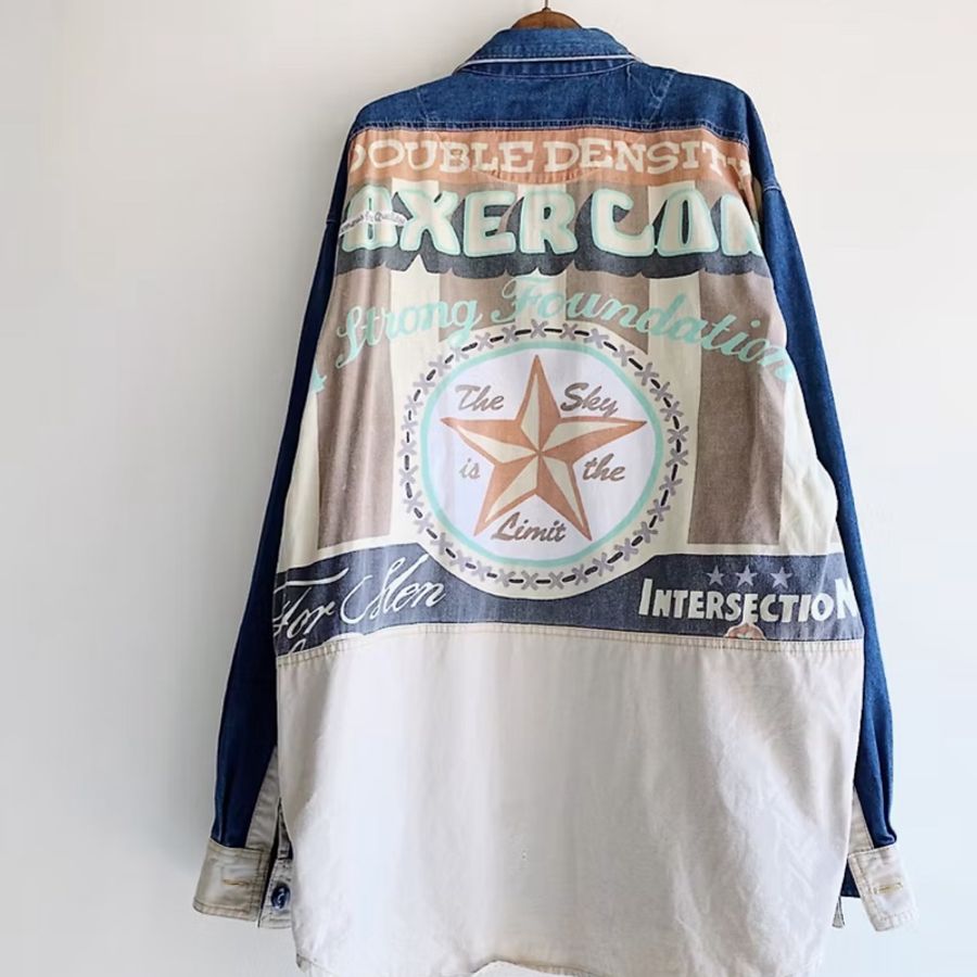 青春深藍字母圖騰拼布 古著翻領棉質牛仔襯衫上衣 vintage Shirt-2