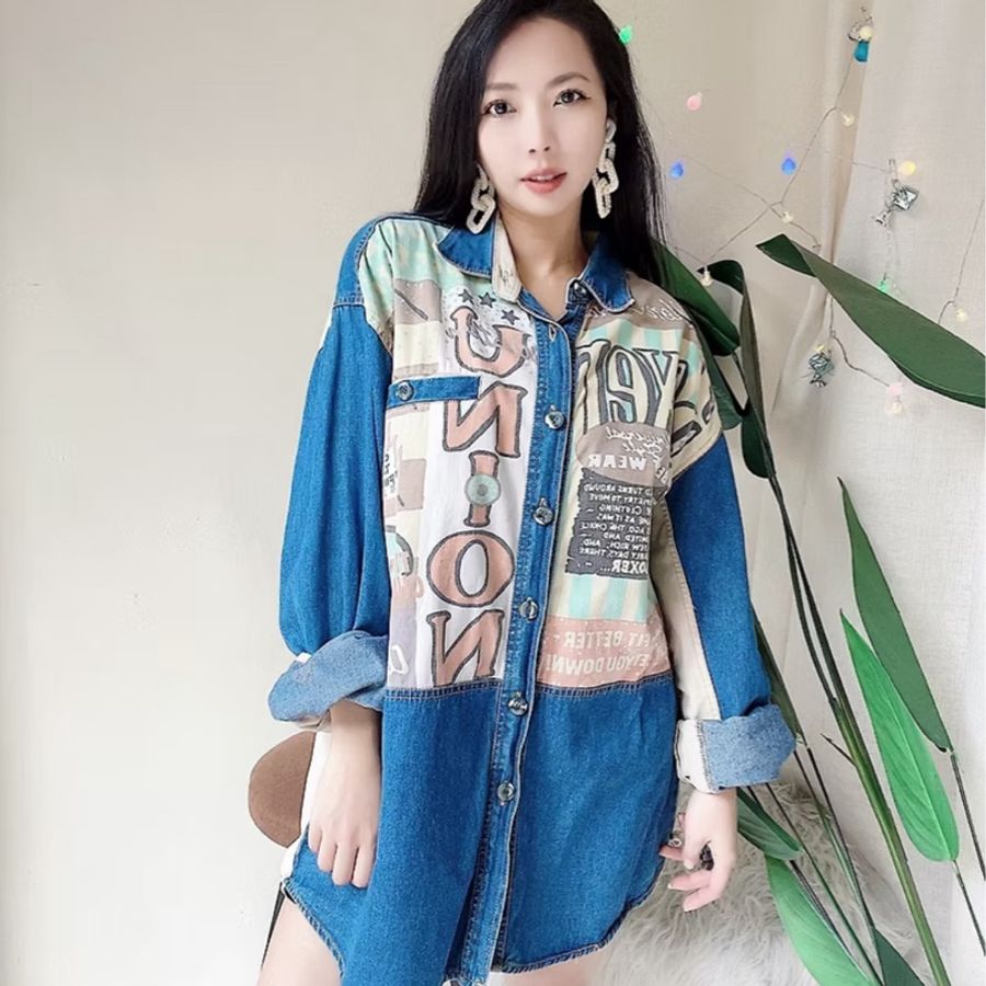 青春深藍字母圖騰拼布 古著翻領棉質牛仔襯衫上衣 vintage Shirt-4