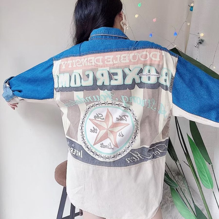 青春深藍字母圖騰拼布 古著翻領棉質牛仔襯衫上衣 vintage Shirt-7