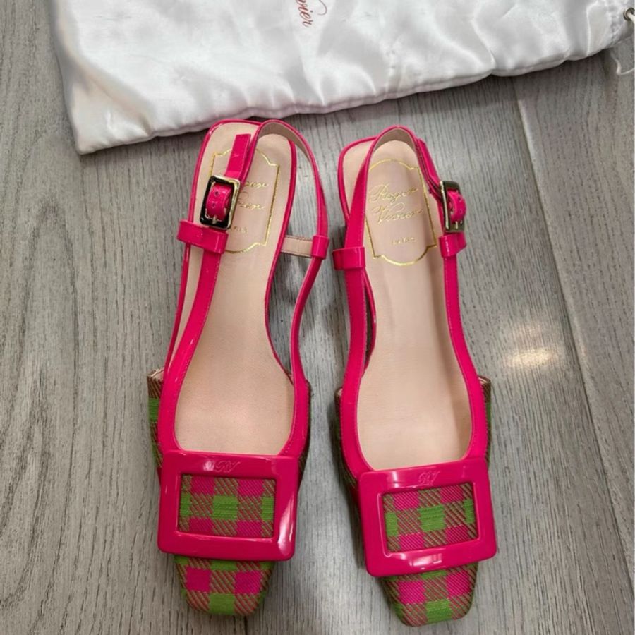 Roger Vivier23款粉色格子方頭 高跟凉鞋 35號 僅試穿 鞋底輕微痕跡 配件有防塵袋-0