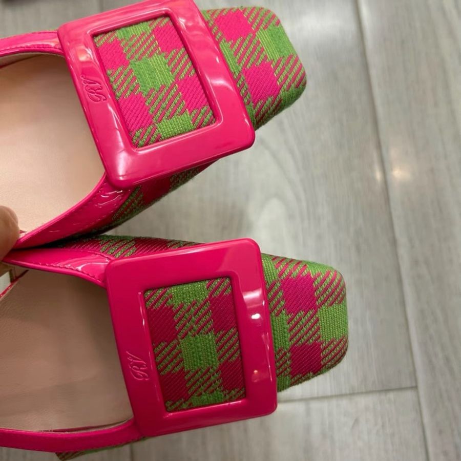 Roger Vivier23款粉色格子方頭 高跟凉鞋 35號 僅試穿 鞋底輕微痕跡 配件有防塵袋-1