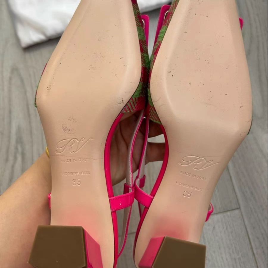 Roger Vivier23款粉色格子方頭 高跟凉鞋 35號 僅試穿 鞋底輕微痕跡 配件有防塵袋-4