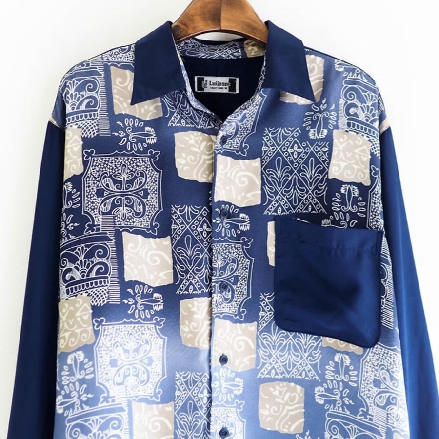 靛藍獨立漸層拚塊圖騰秋風時光 古董襯衫罩衫上衣 shirt vintage-1