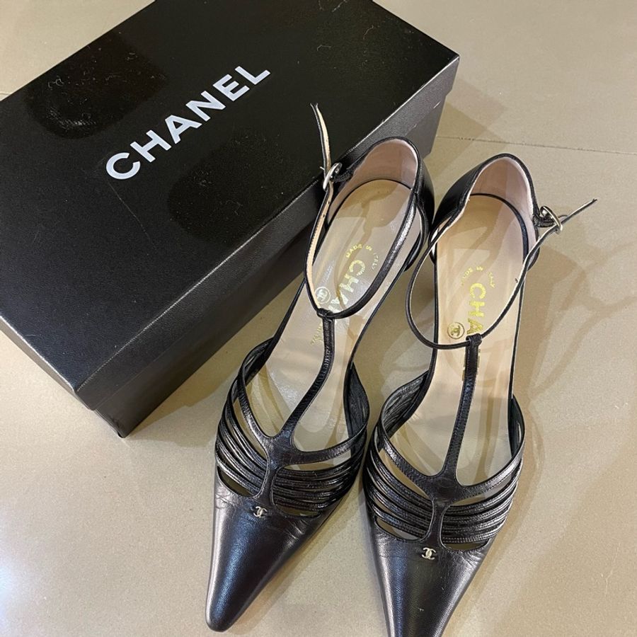 (已售出)Chanel高跟鞋35.5C細跟T字繫帶-0