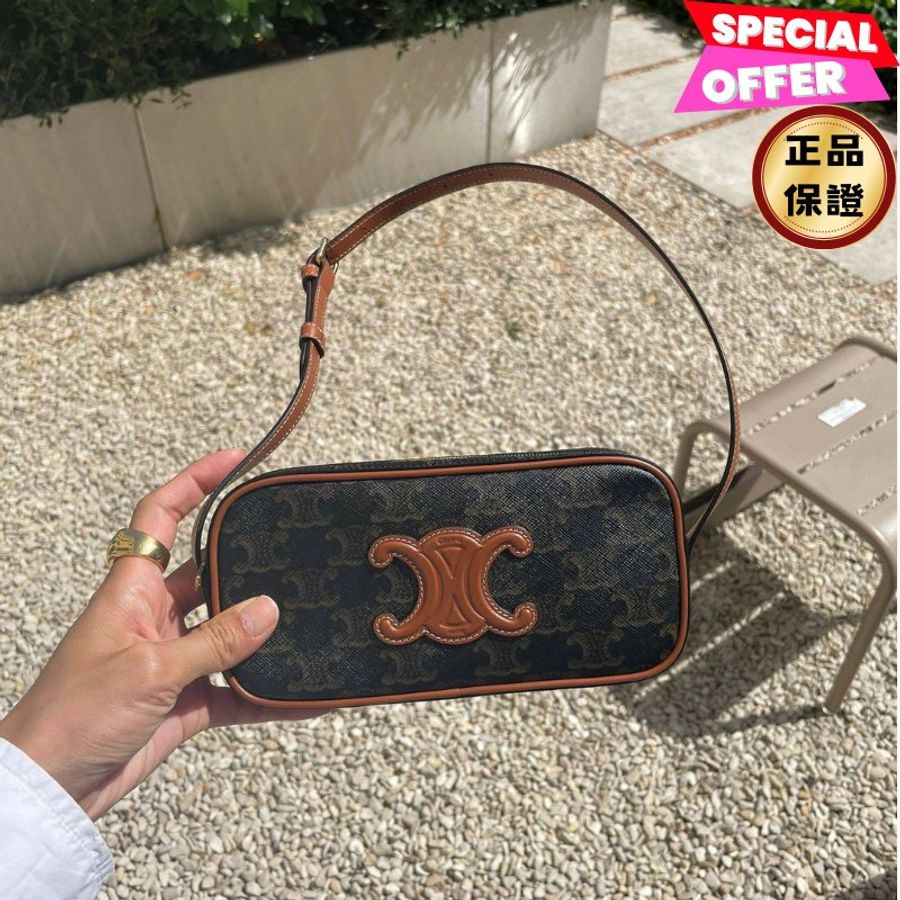 🎉新品好折扣✨Celine 迷你 Cuir Triomphe 老花凱旋門相機包 黃褐色-0