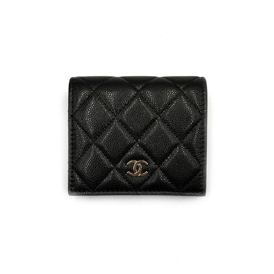 CHANEL 雙折荔枝牛皮短夾 - 黑金-0