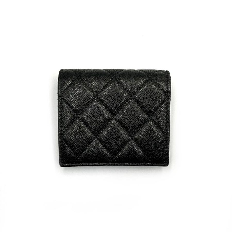 CHANEL 雙折荔枝牛皮短夾 - 黑金-1