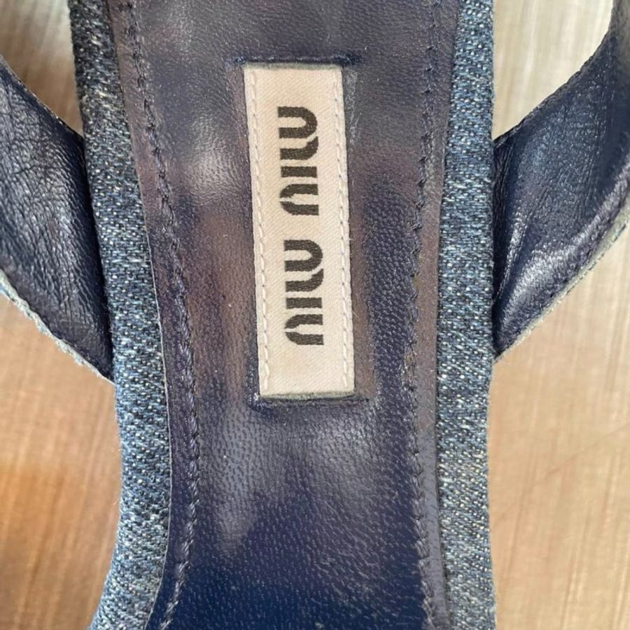 MiuMiu 牛仔水鑽粗跟凉鞋 36.5號，36號也可，全新僅試穿-2