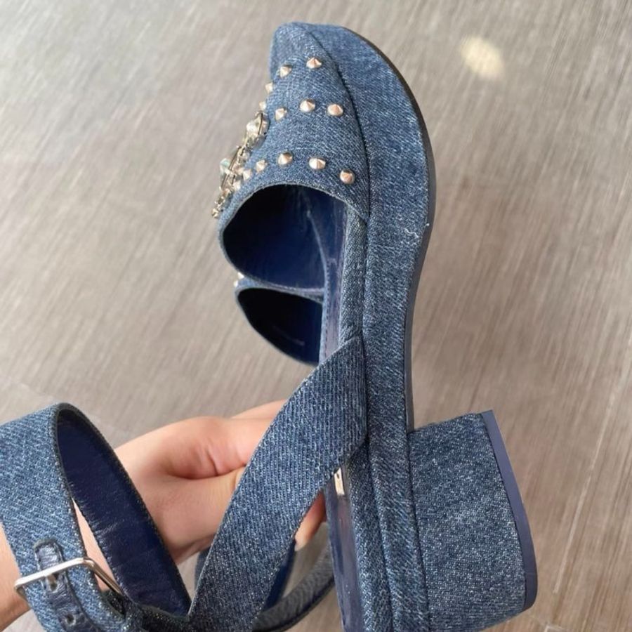 MiuMiu 牛仔水鑽粗跟凉鞋 36.5號，36號也可，全新僅試穿-4