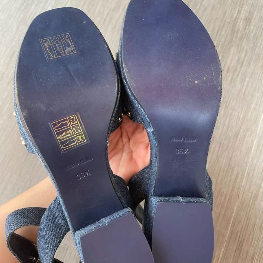 MiuMiu 牛仔水鑽粗跟凉鞋 36.5號，36號也可，全新僅試穿-5