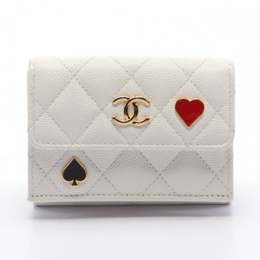 【日本直送】 CHANEL CHANEL 小號 襟翼 錢包 三折錢包 心 spade 魚子醬皮 白色 黃金五金-0