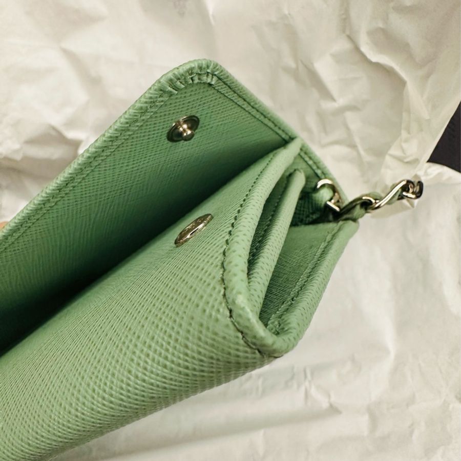 PRADA 湖水綠防刮牛皮金色雙扣鏈條WOC包-16