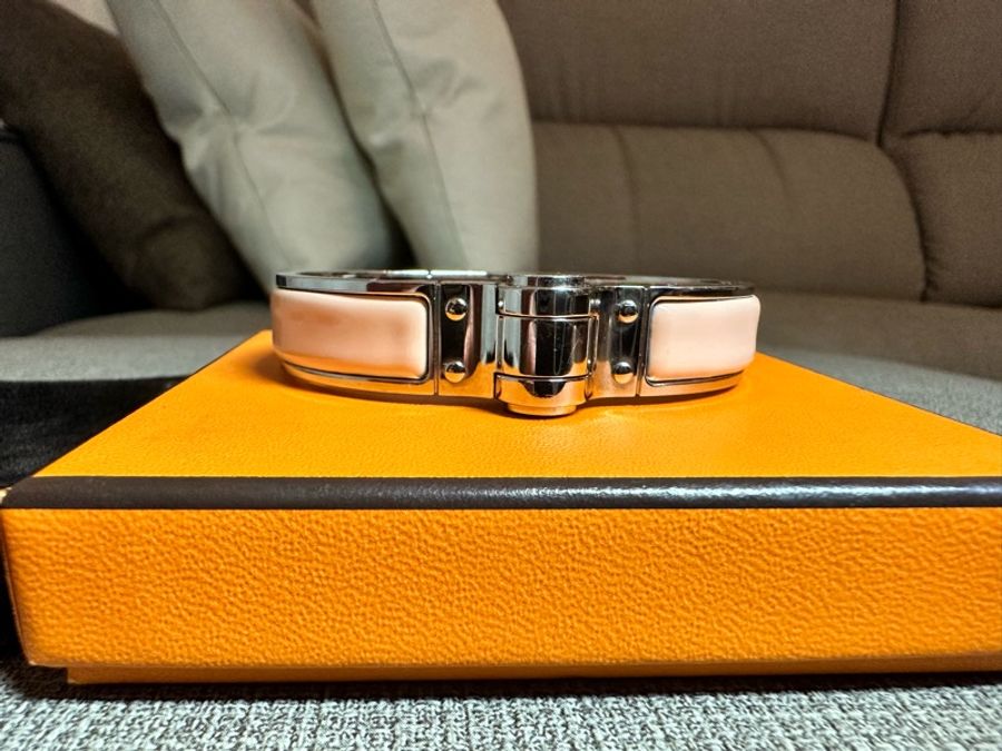 【Hermès】保留return降價⬇️HERMES愛馬仕 窄版琺瑯手環/粉銀 絕版款-16
