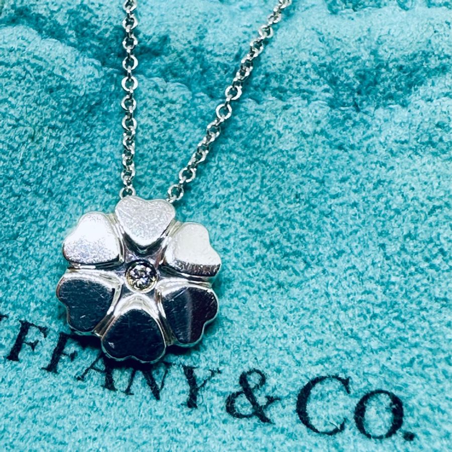 Tiffany鑲真鑽小花純銀項鍊-5