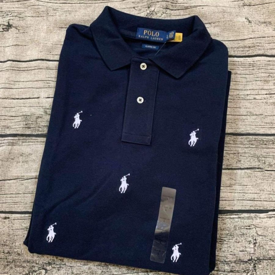 全新正品Polo by Ralph Lauren 深藍色小馬滿版刺繡網眼短袖polo衫-5