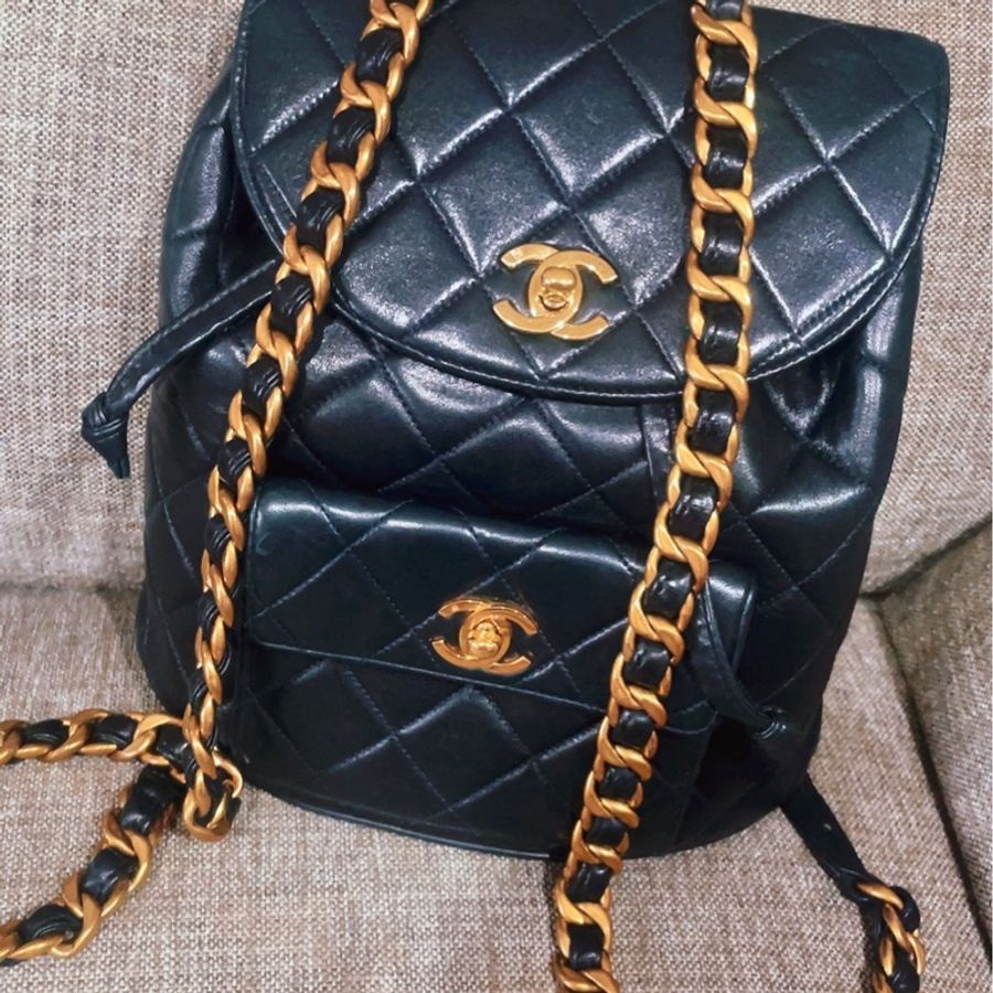 Chanel Vintage Duma藏藍色金鍊厚羊皮背包-0
