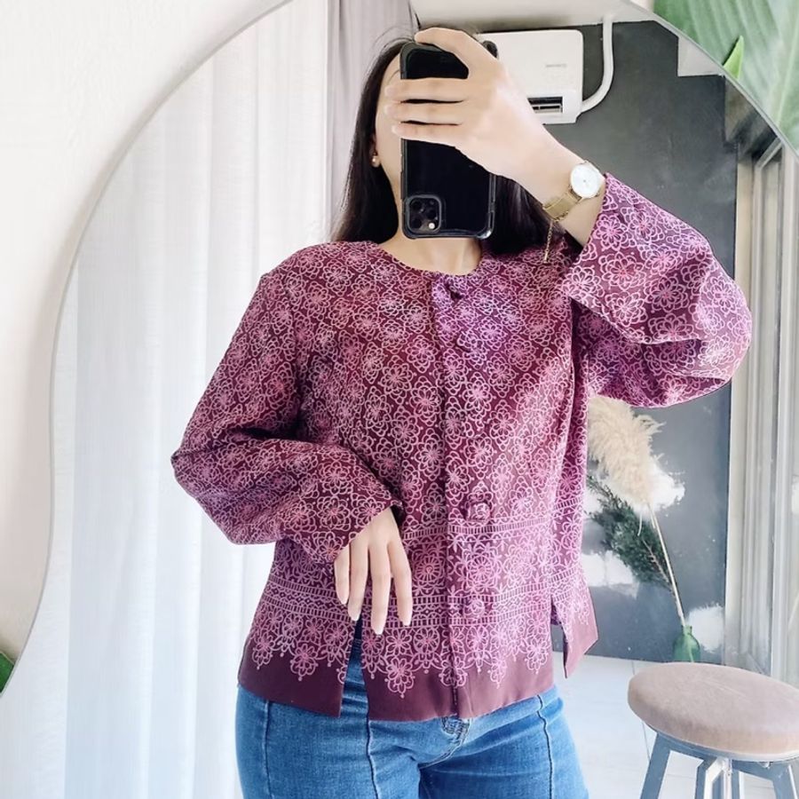 紫咖滿花圖騰前方排釦下開叉 古著紡紗襯衫上衣 vintage Shirt-3